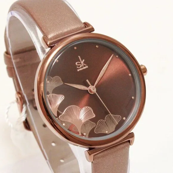 Ladies Casual Watch Ginkgo Biloba Design Dial Coffee Colored Strap 32mm - Picture 1 of 11